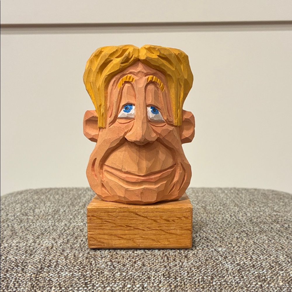 Handcrafted Wooden Caricature Sculpture of a blonde guy